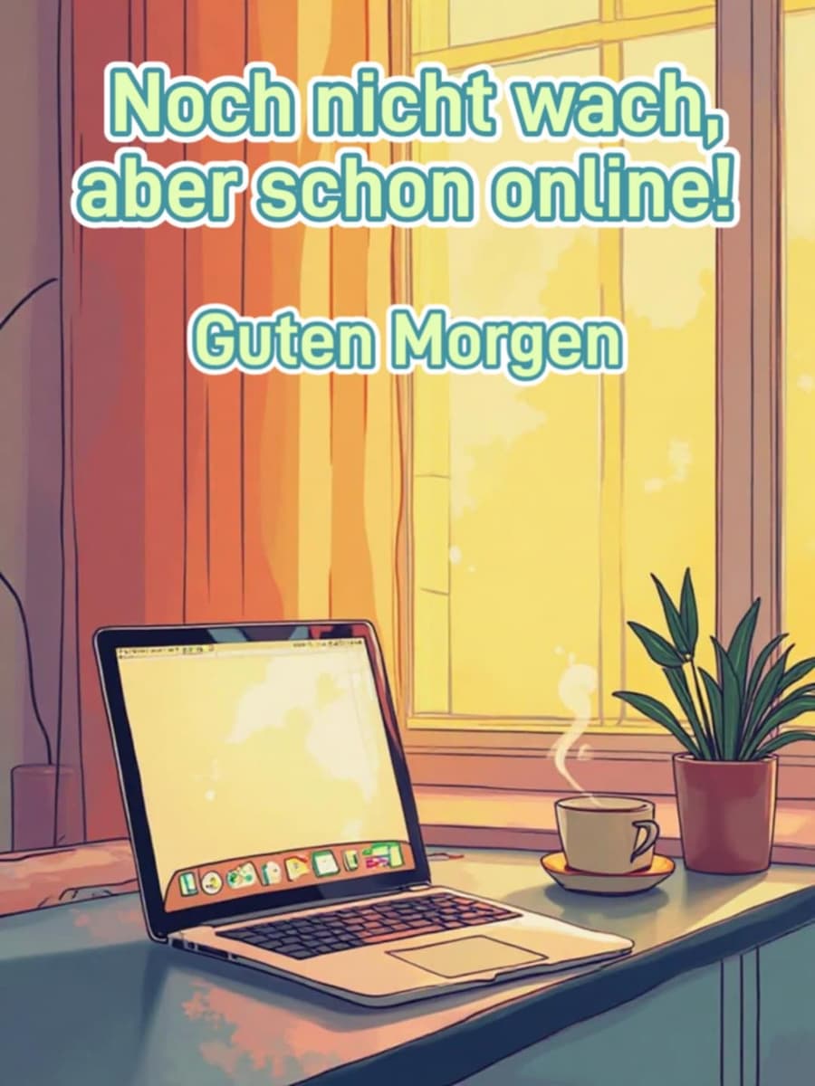Guten Morgen Bild mit Gruß: 'Noch nicht wach, aber schon online. Guten Morgen!'