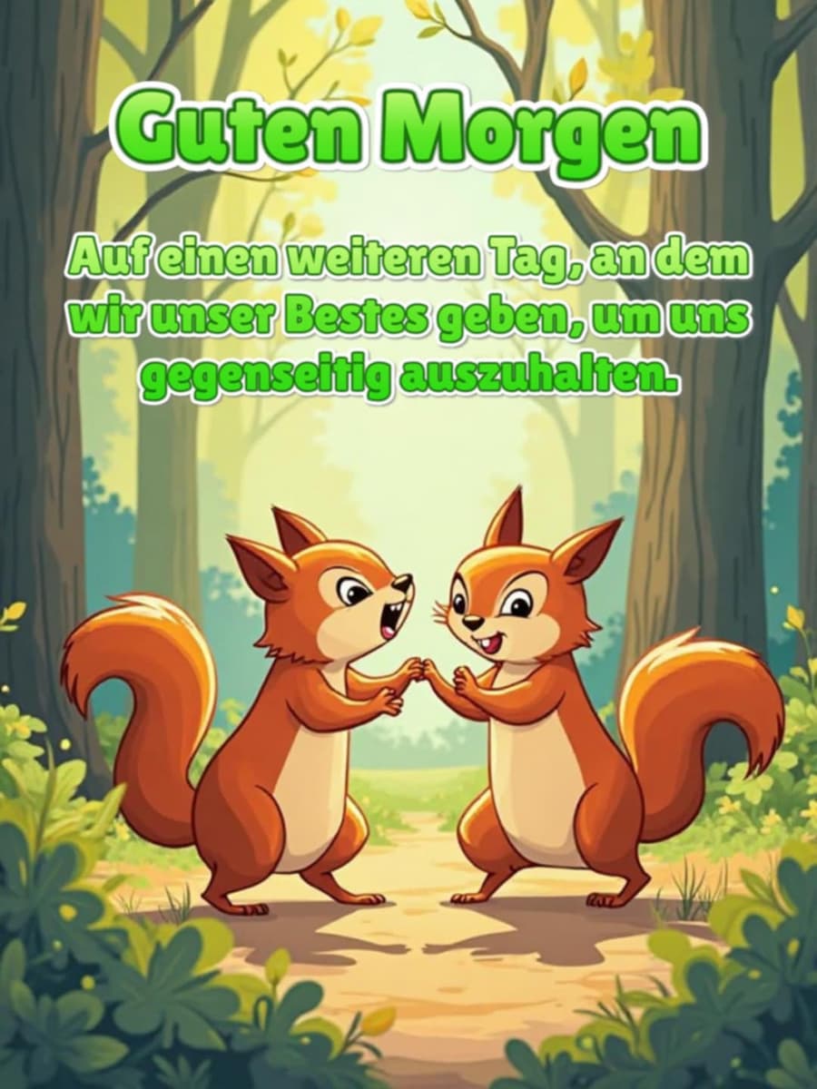 Guten Morgen Bild mit Gruß: 'Guten Morgen! Auf einen weiteren Tag, an dem wir unser Bestes geben, um uns gegenseitig auszuhalten.'