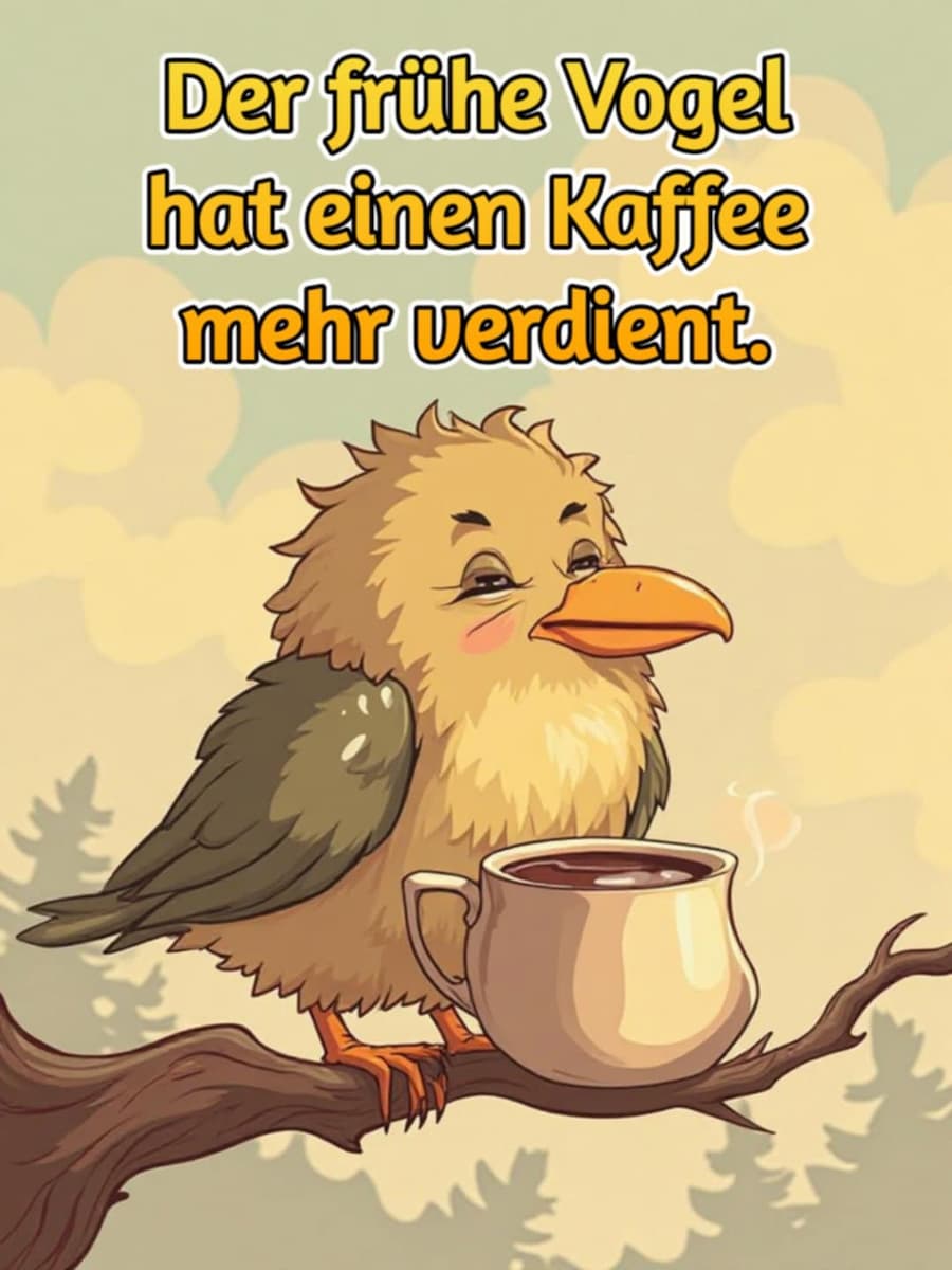 Guten Morgen Bild mit Gruß: 'Der frühe Vogel hat einen Kaffee mehr verdient.'