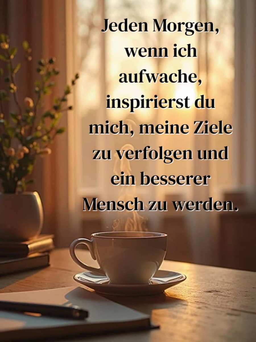 Guten Morgen Bild mit Gruß: 'Jeden Morgen, wenn ich aufwache, inspirierst du mich, meine Ziele zu verfolgen und ein besserer Mensch zu werden.'
