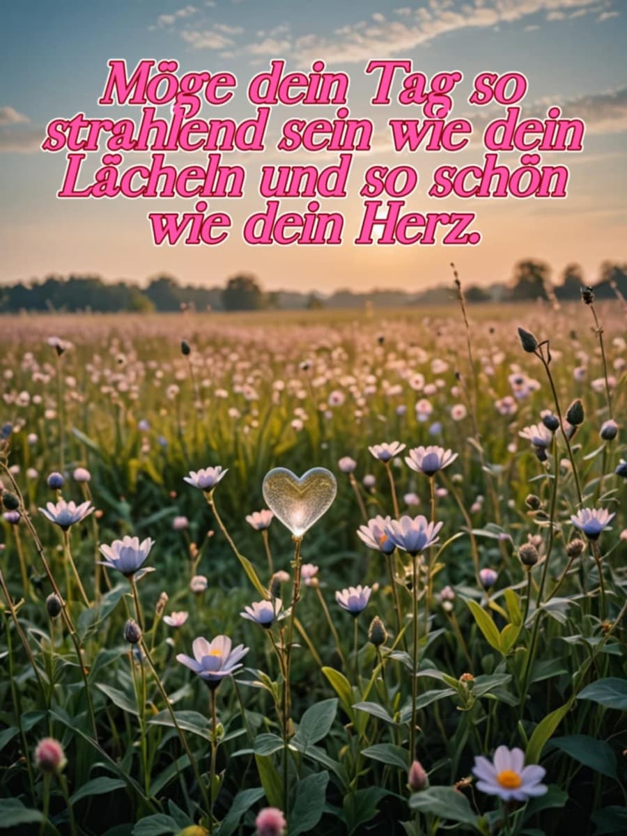 Guten Morgen Bild mit Gruß: 'Möge dein Tag so strahlend sein wie dein Lächeln und so schön wie dein Herz.'