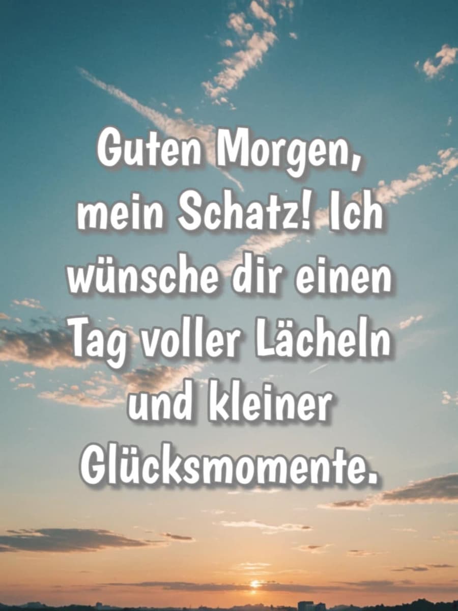 Guten Morgen Bild mit Gruß: 'Guten Morgen, mein Schatz! Ich wünsche dir einen Tag voller Lächeln und kleiner Glücksmomente.'