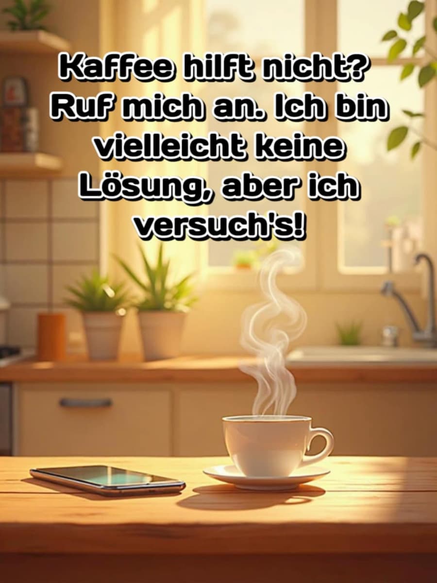 Guten Morgen Bild mit Gruß: 'Kaffee hilft nicht? Ruf mich an. Ich bin vielleicht keine Lösung, aber ich versuch's.'