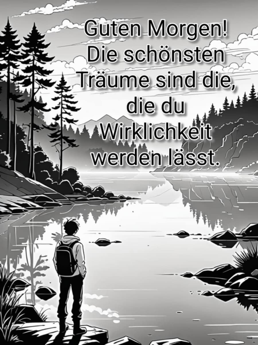 Guten Morgen Bild mit Gruß: 'Guten Morgen! Die schönsten Träume sind die, die du Wirklichkeit werden lässt.'