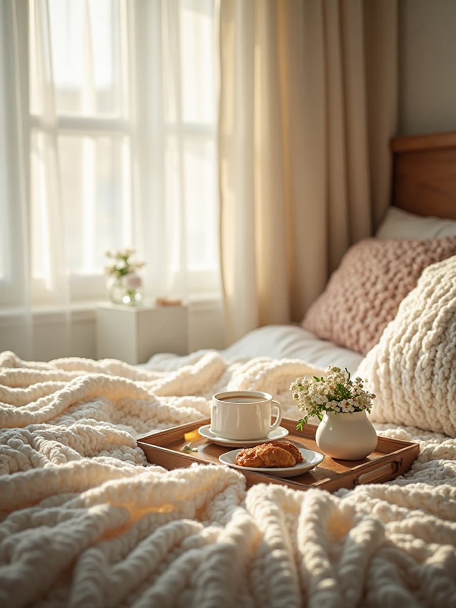 Romantische Morgenszene im Schlafzimmer mit Sonnenlicht und Frühstückstablett