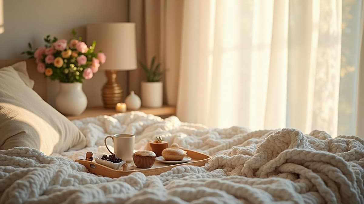 Romantische Morgenszene im Schlafzimmer mit Sonnenlicht und Frühstückstablett