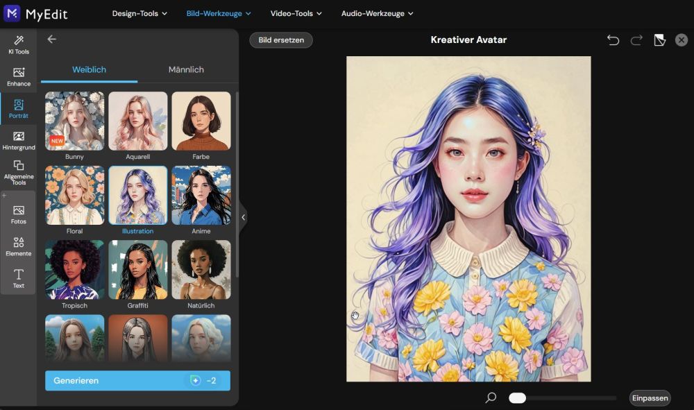 MyEdit - Online Editor mit KI-Filtern für KI-Kunst
