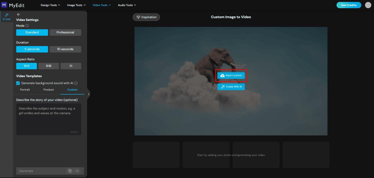 Lade ein Bild einer KI-generierten Actionfigur in MyEdit, um sie zu animieren.