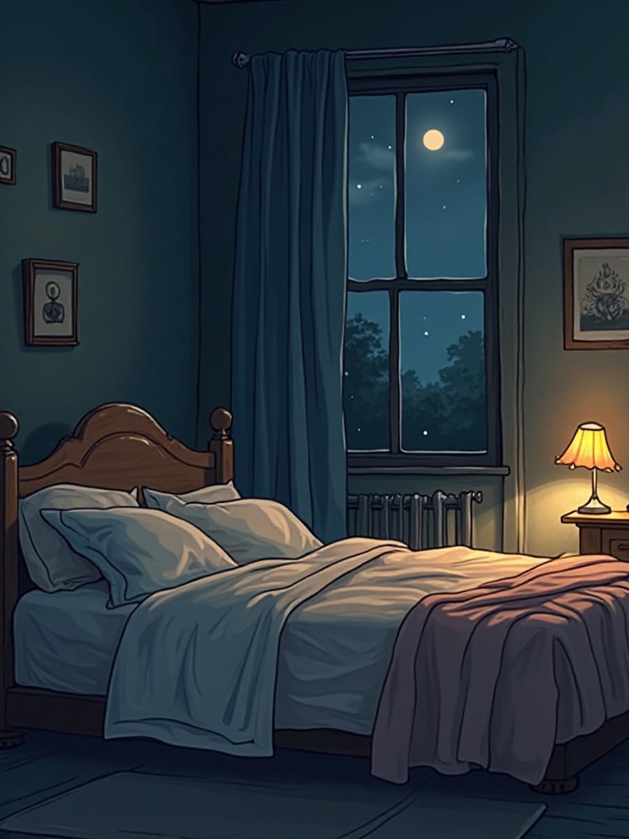 Gemütliches Schlafzimmer bei Nacht mit weichen Kissen, warmer Decke und sanftem Mondlicht