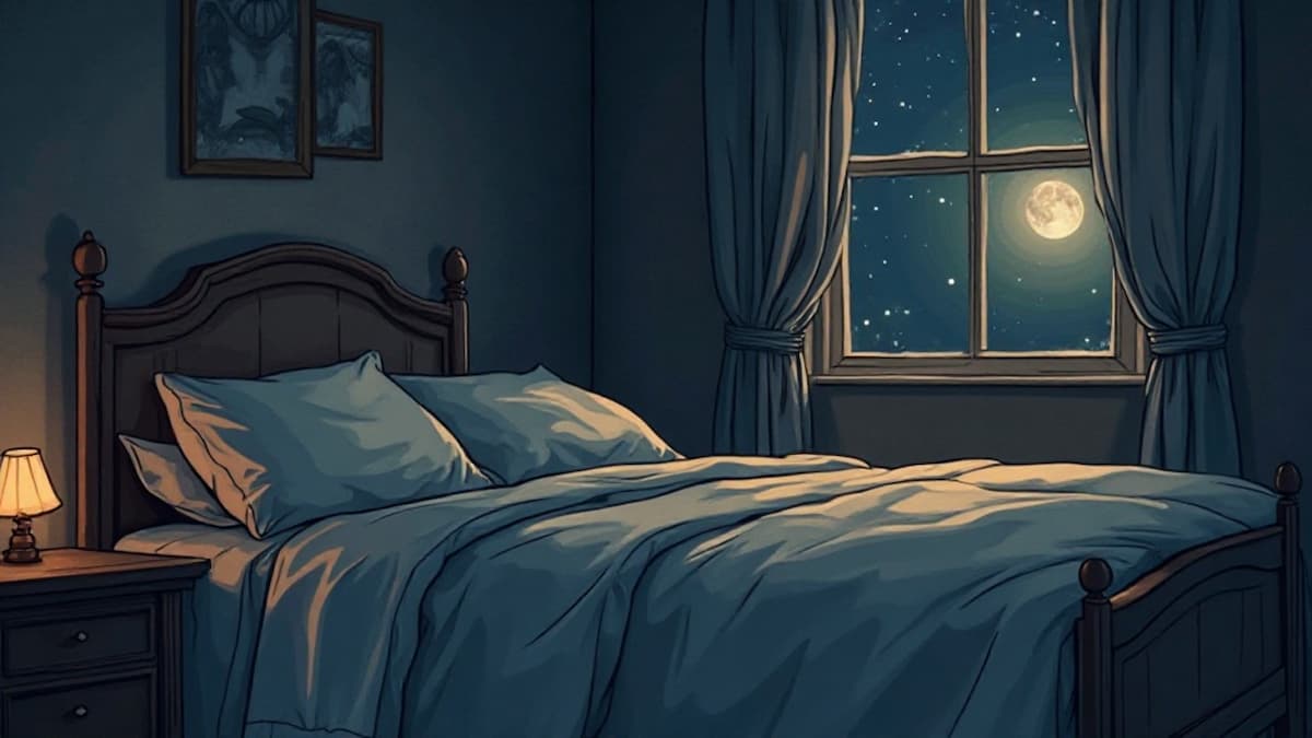 Gemütliches Schlafzimmer bei Nacht mit weichen Kissen, warmer Decke und sanftem Mondlicht