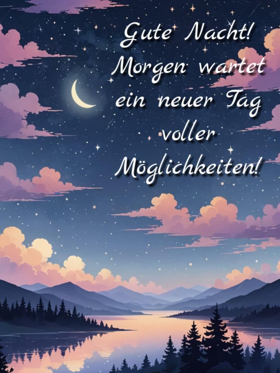 Gute Nacht Bild mit Gruß: 'Gute Nacht! Morgen wartet ein neuer Tag voller Möglichkeiten.'