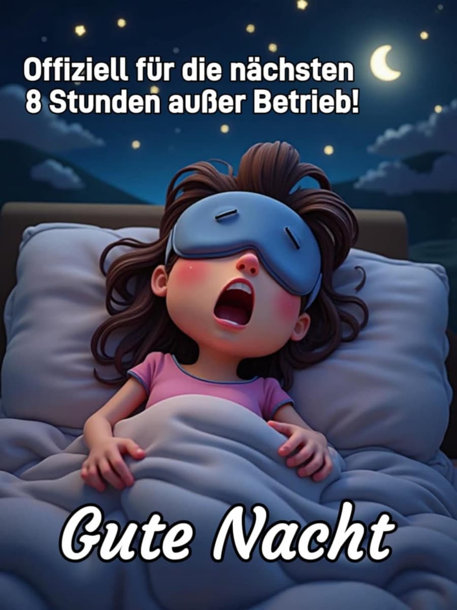 Gute Nacht Bild mit Gruß: 'Offiziell für die nächsten 8 Stunden außer Betrieb! Gute Nacht!'