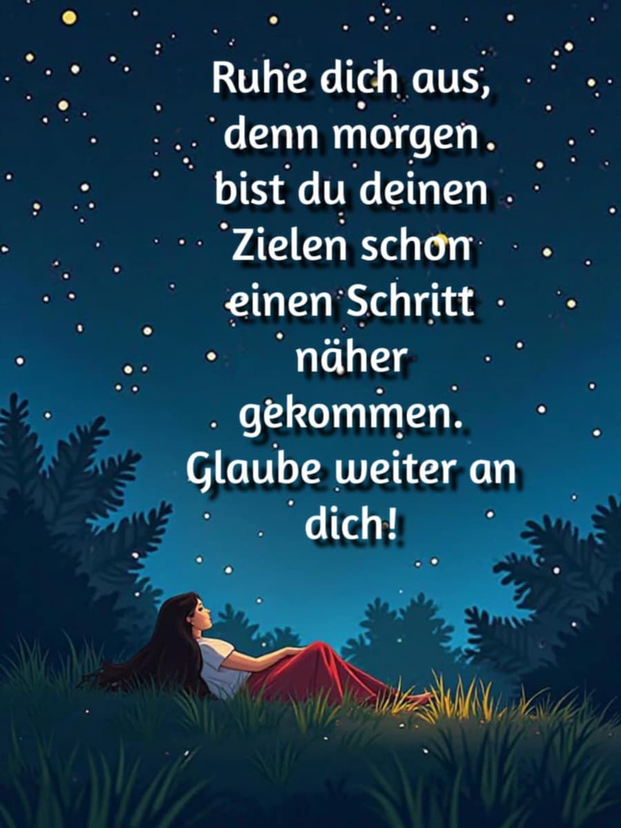 Gute Nacht Bild mit Gruß: 'Ruhe dich aus, denn morgen bist du deinen Zielen schon einen Schritt näher gekommen. Glaube weiter an dich!'