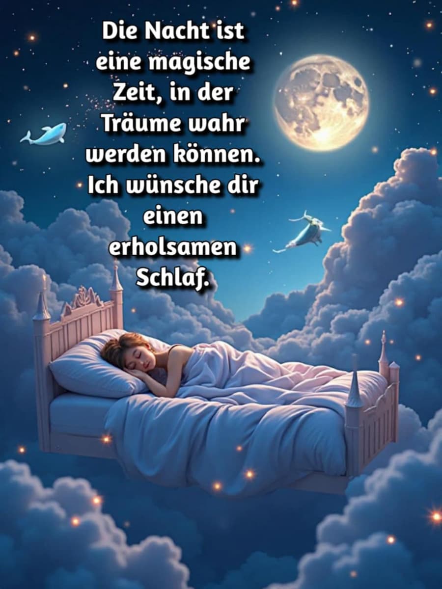 Gute Nacht Bild mit Gruß: 'Die Nacht ist eine magische Zeit, in der Träume wahr werden können. Ich wünsche dir einen erholsamen Schlaf.'