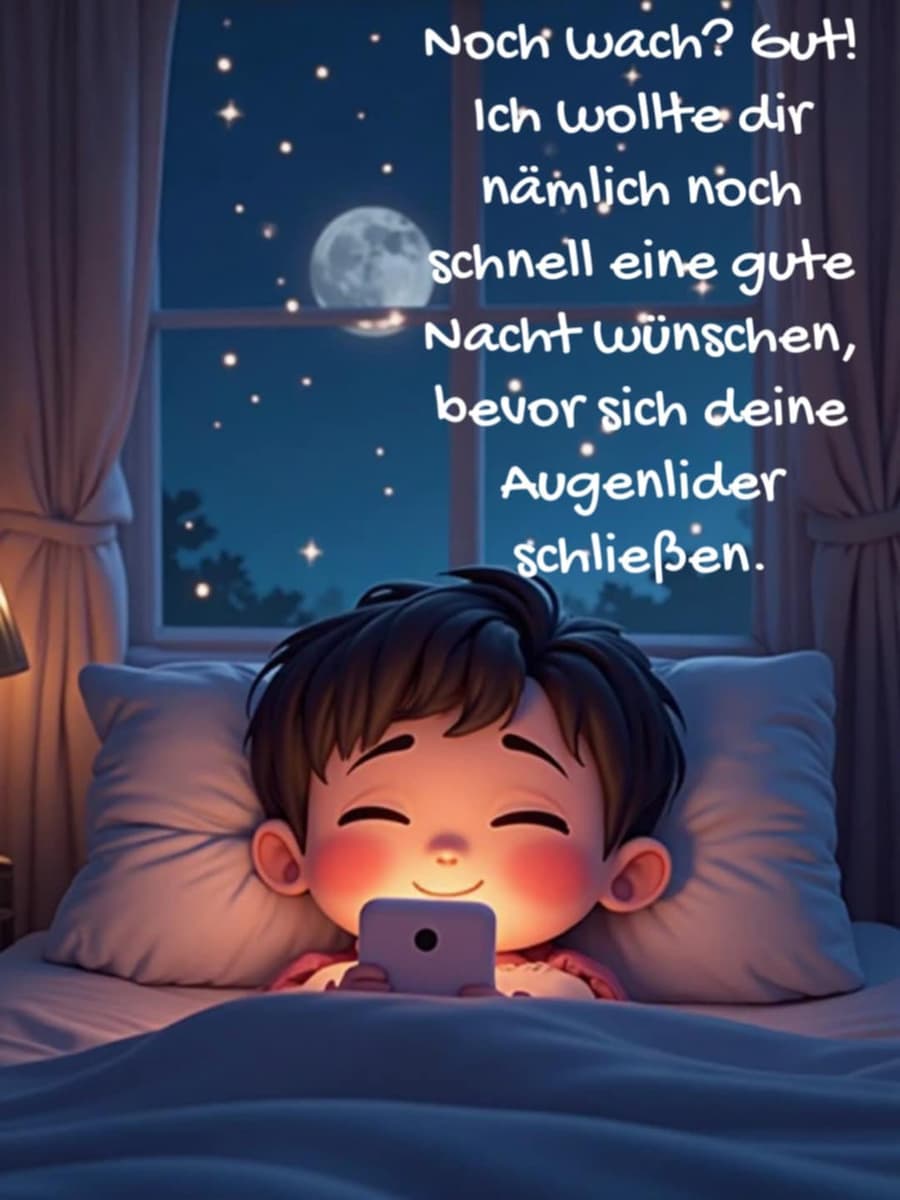 Gute Nacht Bild mit Gruß: 'Noch wach? Gut! Ich wollte dir nämlich noch schnell eine gute Nacht wünschen, bevor sich deine Augenlider schließen.'