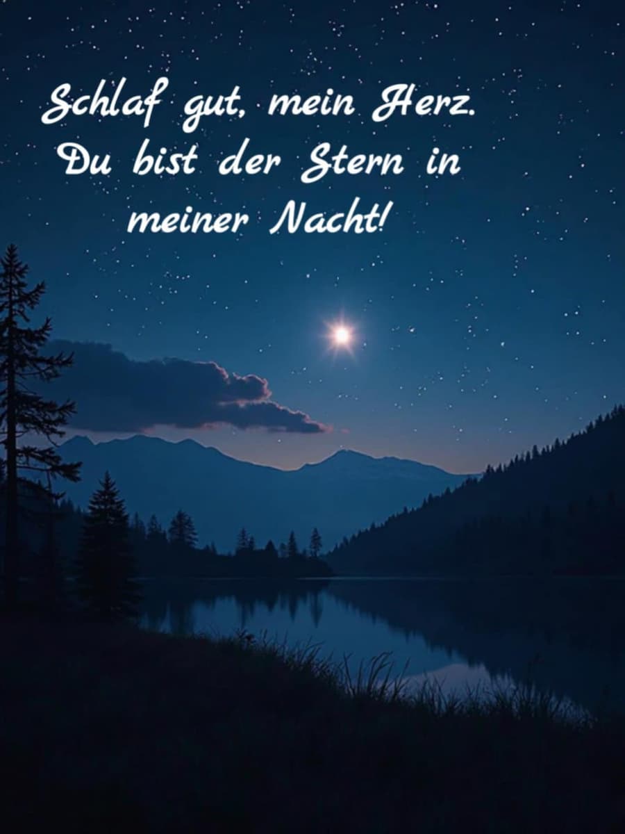 Gute Nacht Bild mit Gruß: 'Schlaf gut, mein Herz. Du bist der Stern in meiner Nacht.'