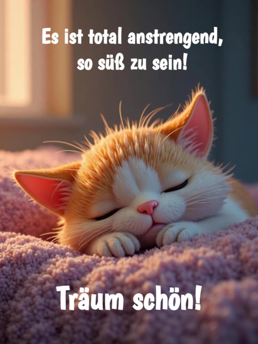 Gute Nacht Bild mit Gruß: 'Es ist total anstrengend, so süß zu sein! Träum schön!'