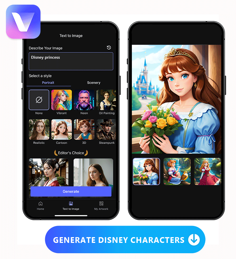 a GIF with UI of 3 Disney AI generators including Vivid AI, PhotoDirector and Picsart