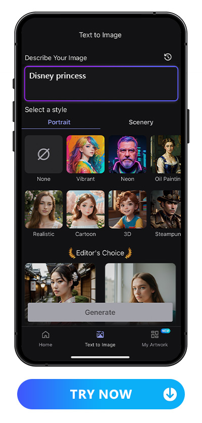Vivid AI's text to image UI with text prompt and style preview