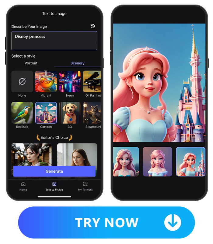 Vivid AI's text to image UI and generated cartoon style Disney princess image