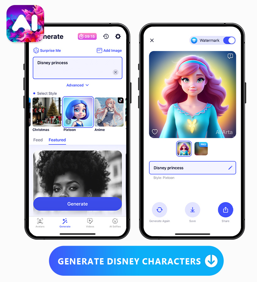 Arta의 텍스트-이미지 기능과 생성된 디즈니 AI 캐릭터 이미지가 나란히 표시된 화면