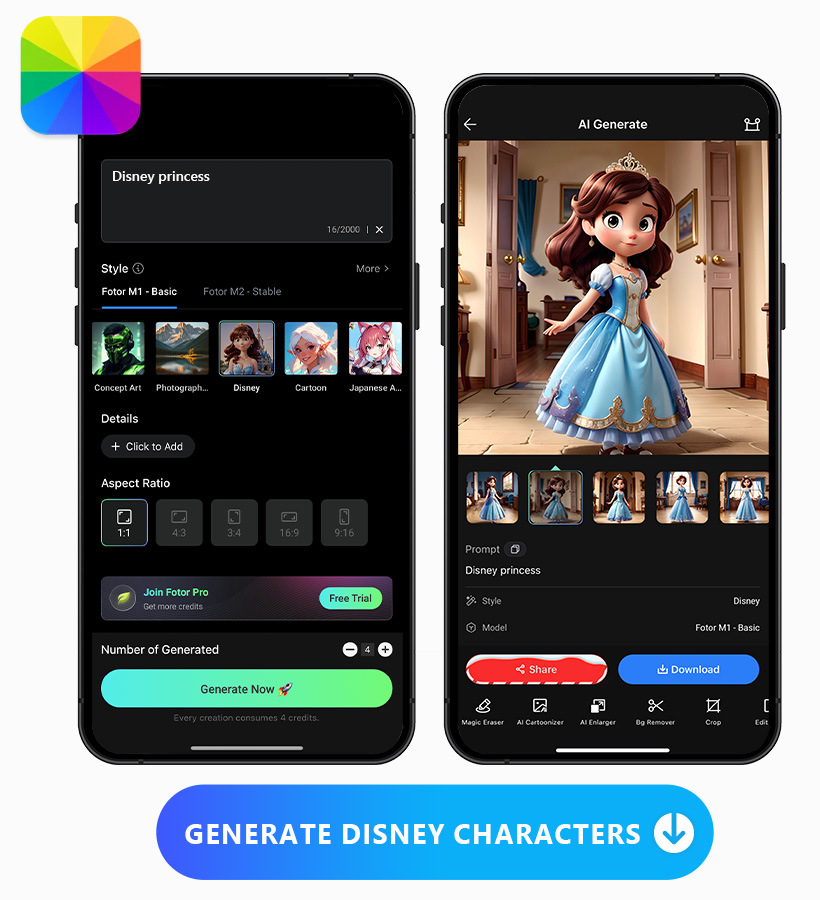 Fotor의 텍스트-이미지 기능 화면과 디즈니 AI 생성 이미지가 함께 표시된 모습