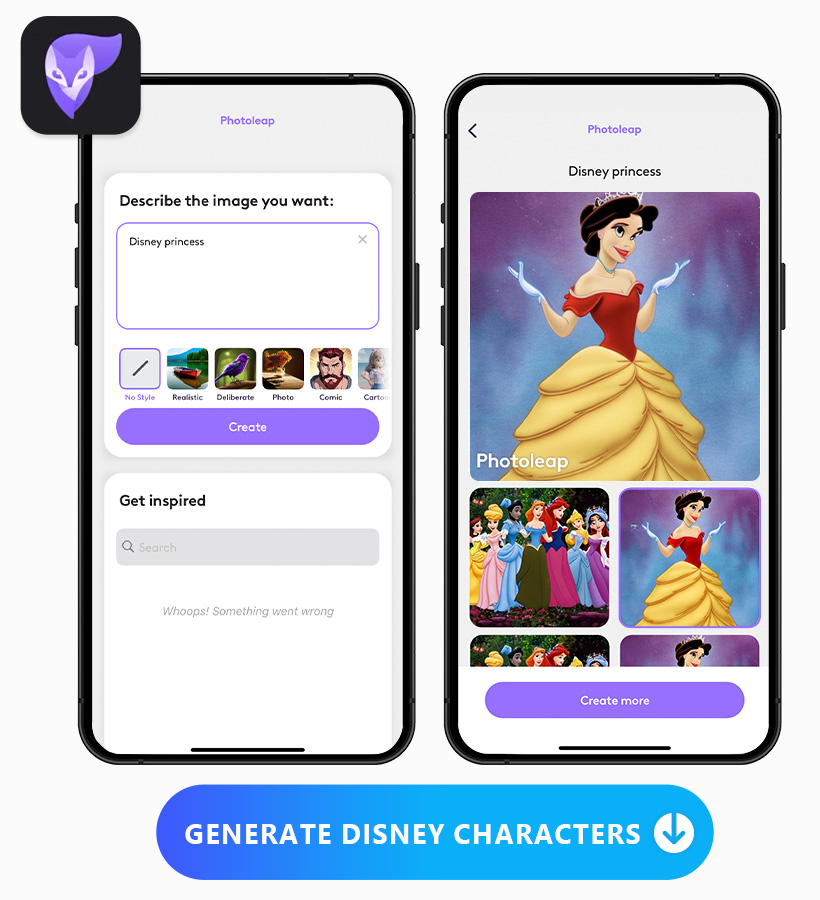 Photoleap의 텍스트-이미지 기능 화면과 생성된 디즈니 AI 캐릭터 이미지가 함께 표시된 모습