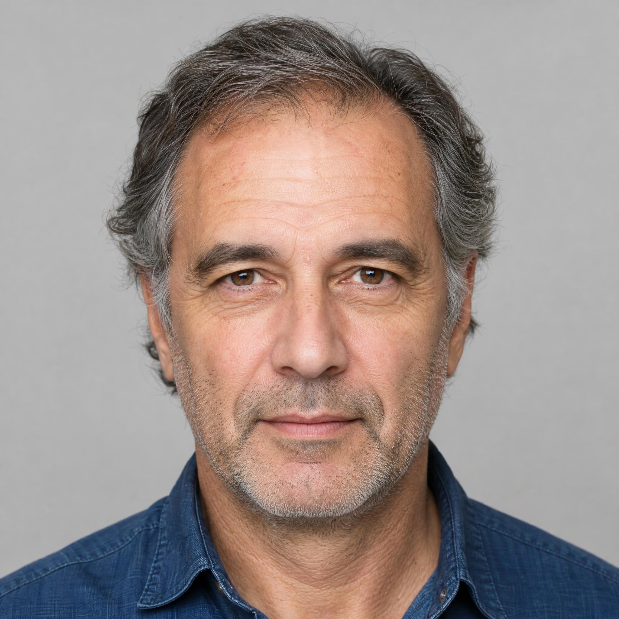 Before: AI-generated base portrait of a man in his mid-fifties with medium-length salt-and-pepper hair