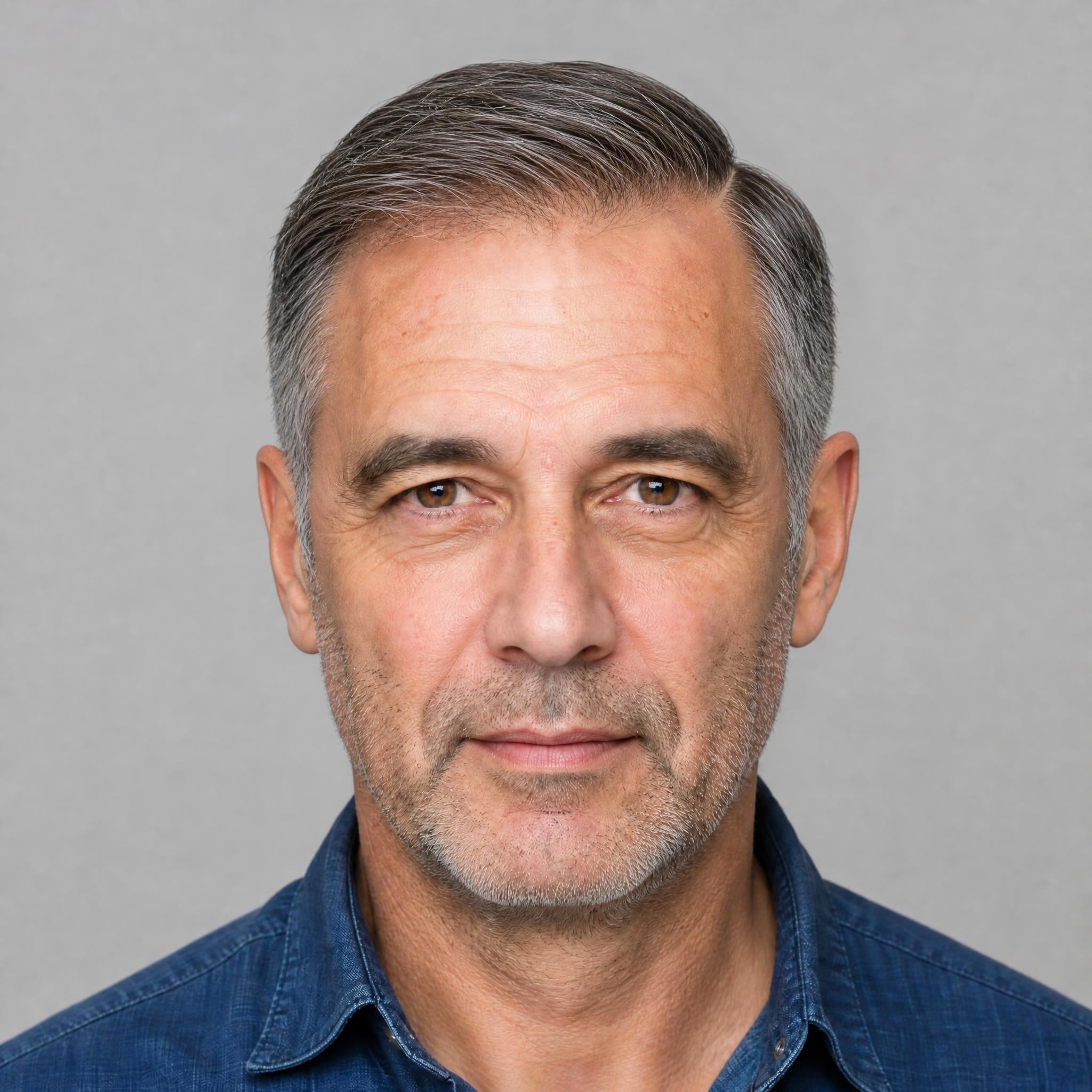 AI try-on of a classic side part with tapered sides on a man in his mid-fifties with salt-and-pepper hair