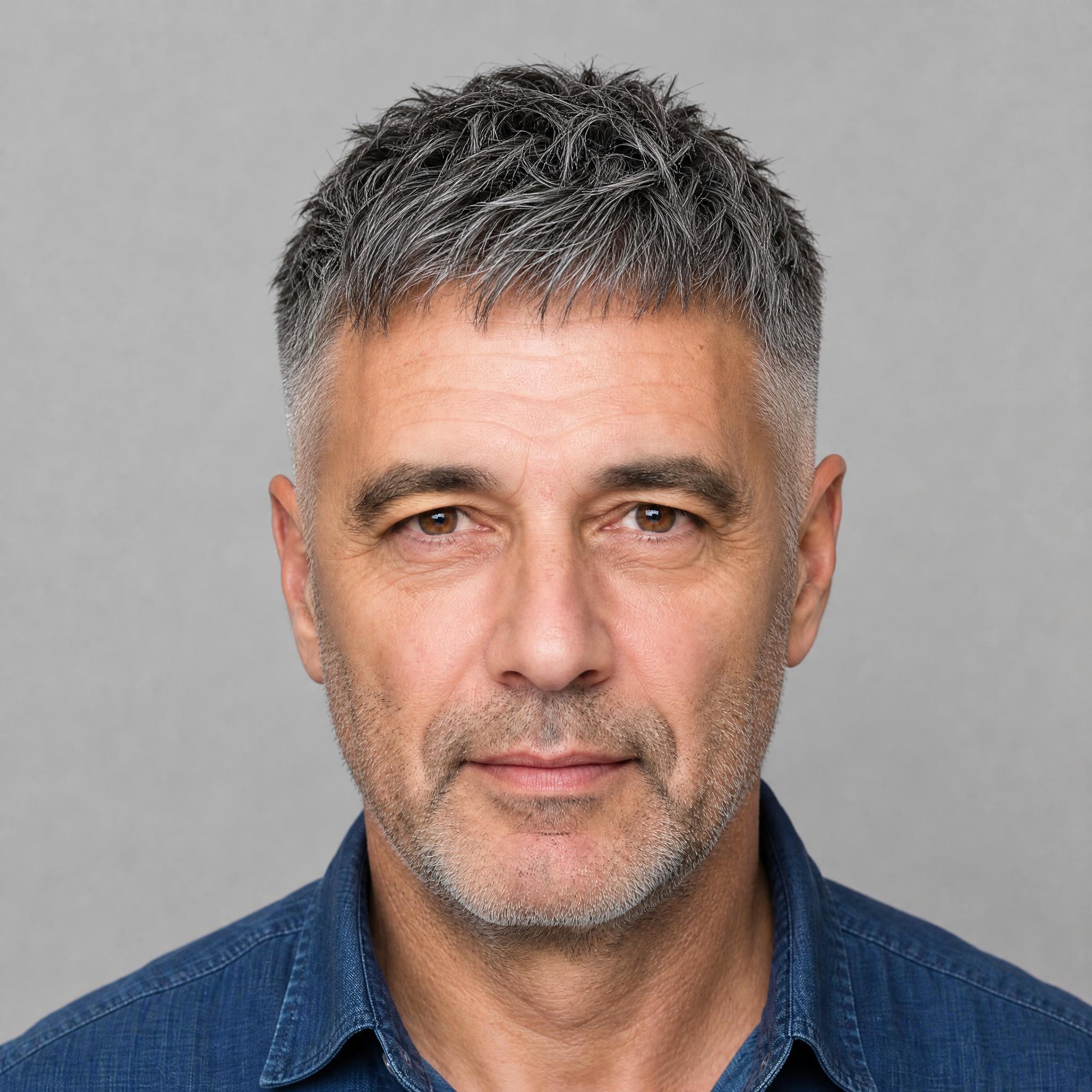 AI try-on of a textured crop with a short fringe and faded sides on a man in his mid-fifties