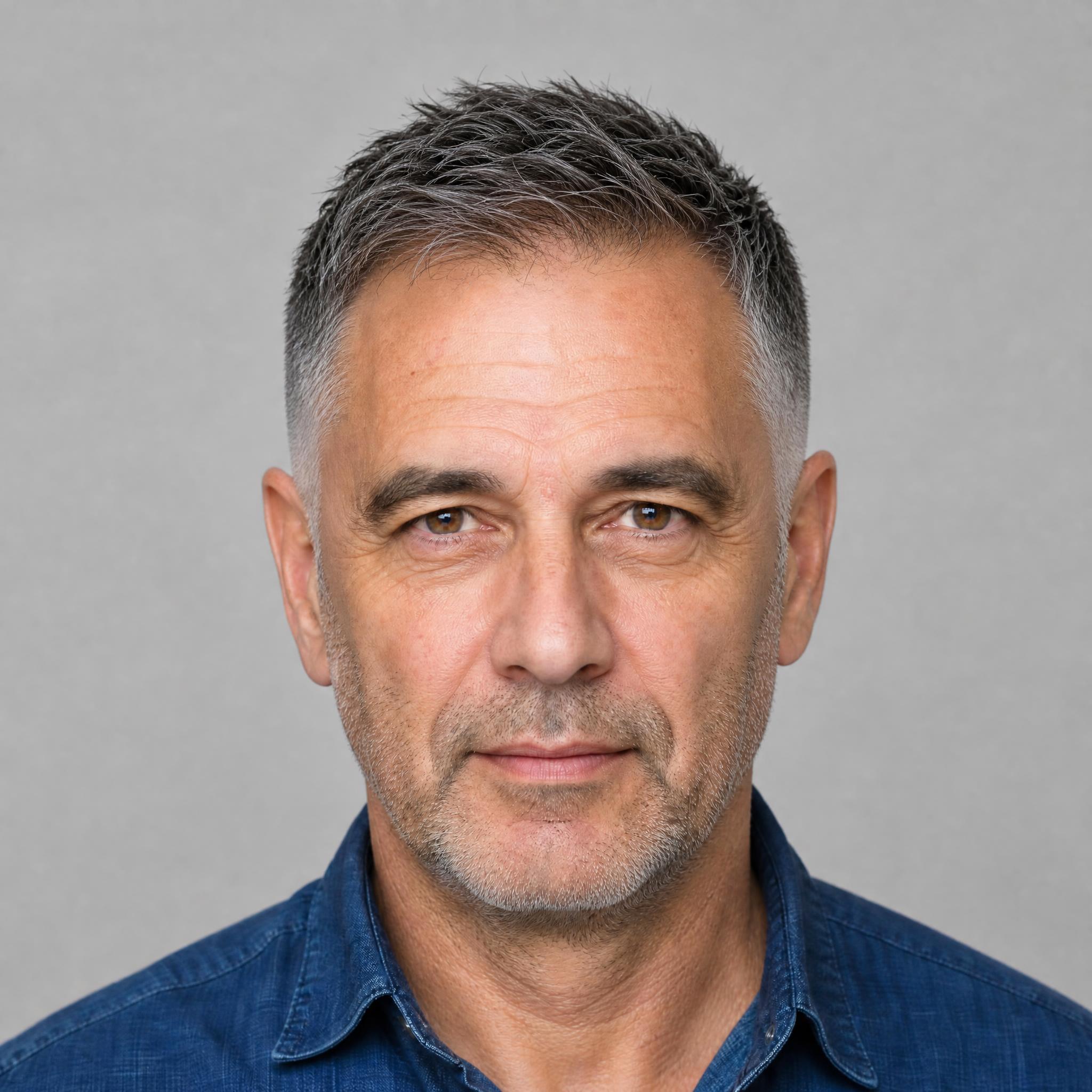 AI try-on of a short taper fade with a textured top on a man in his mid-fifties with gray hair