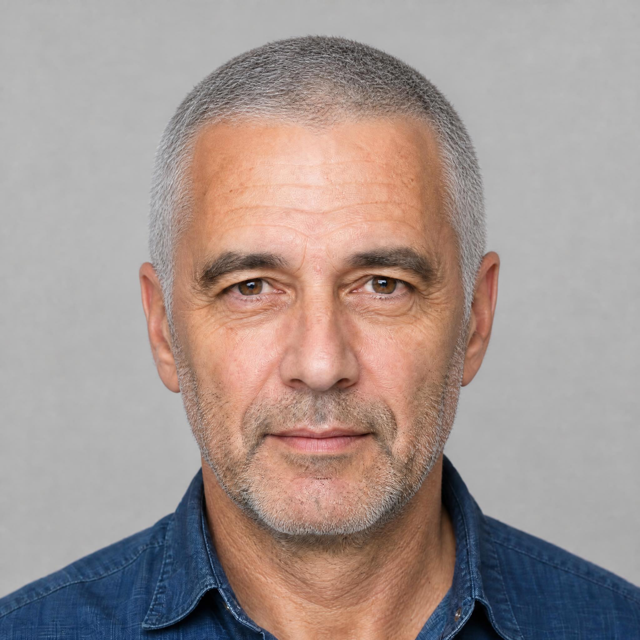 AI try-on of a uniform buzz cut on a man in his mid-fifties with fully gray hair