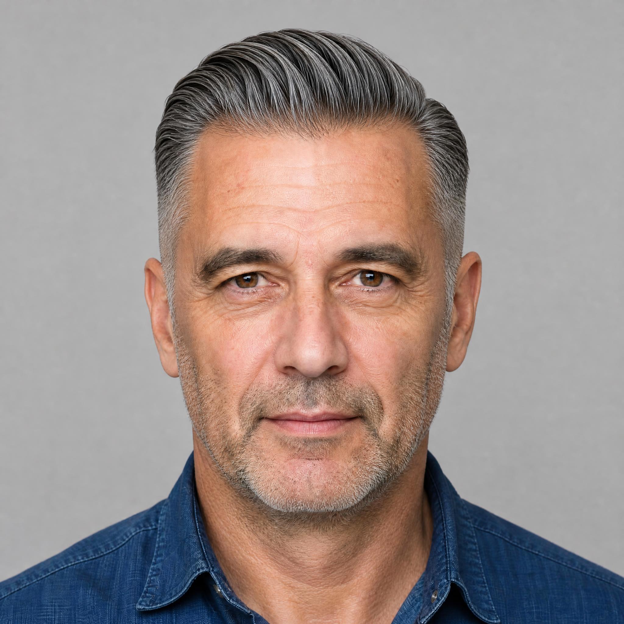 AI try-on of a slicked-back undercut with short sides on a man in his mid-fifties with thick salt-and-pepper hair