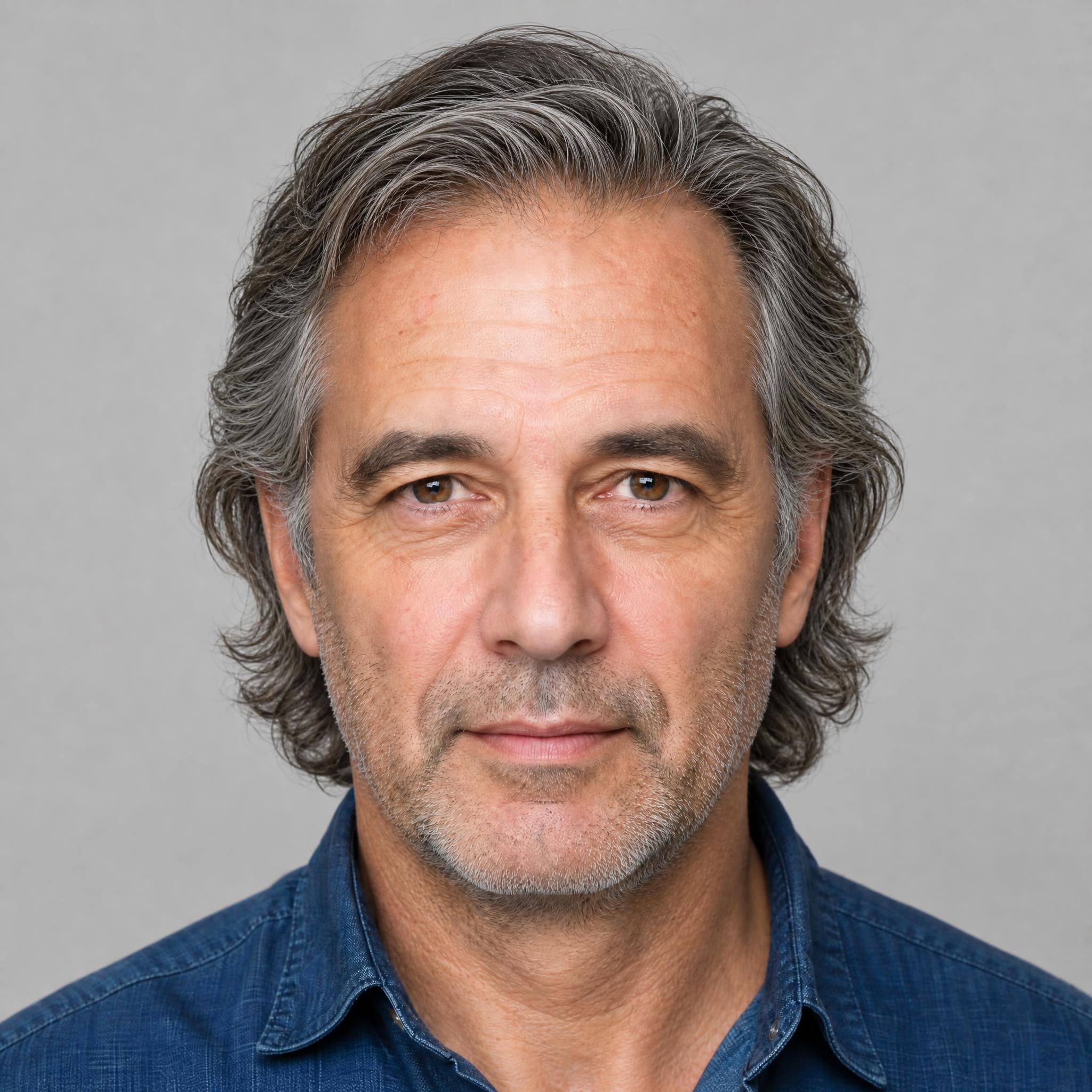 AI try-on of medium-length swept-back hair with natural wave on a man in his mid-fifties