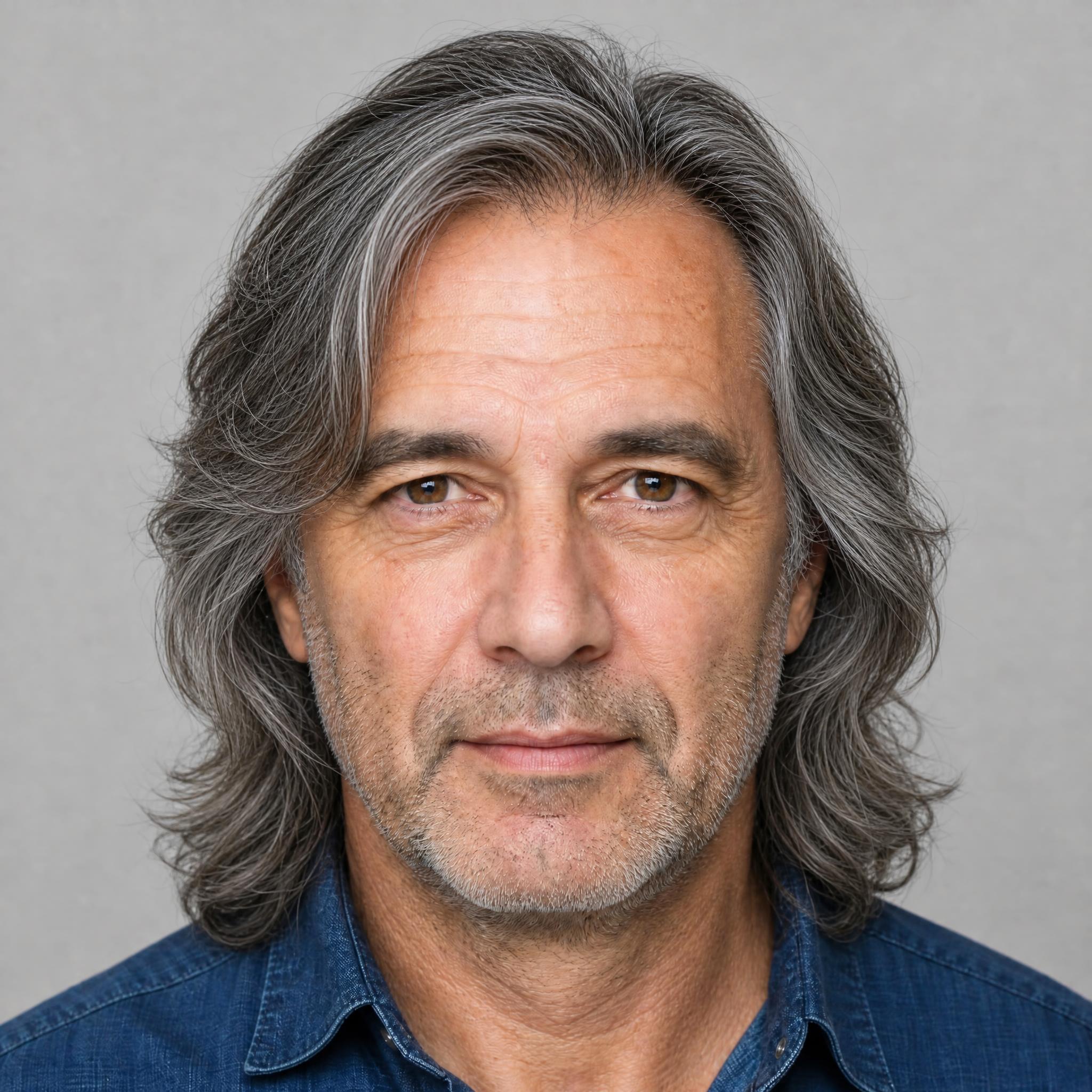 AI try-on of shoulder-length layered hair with feathered layers on a man in his mid-fifties