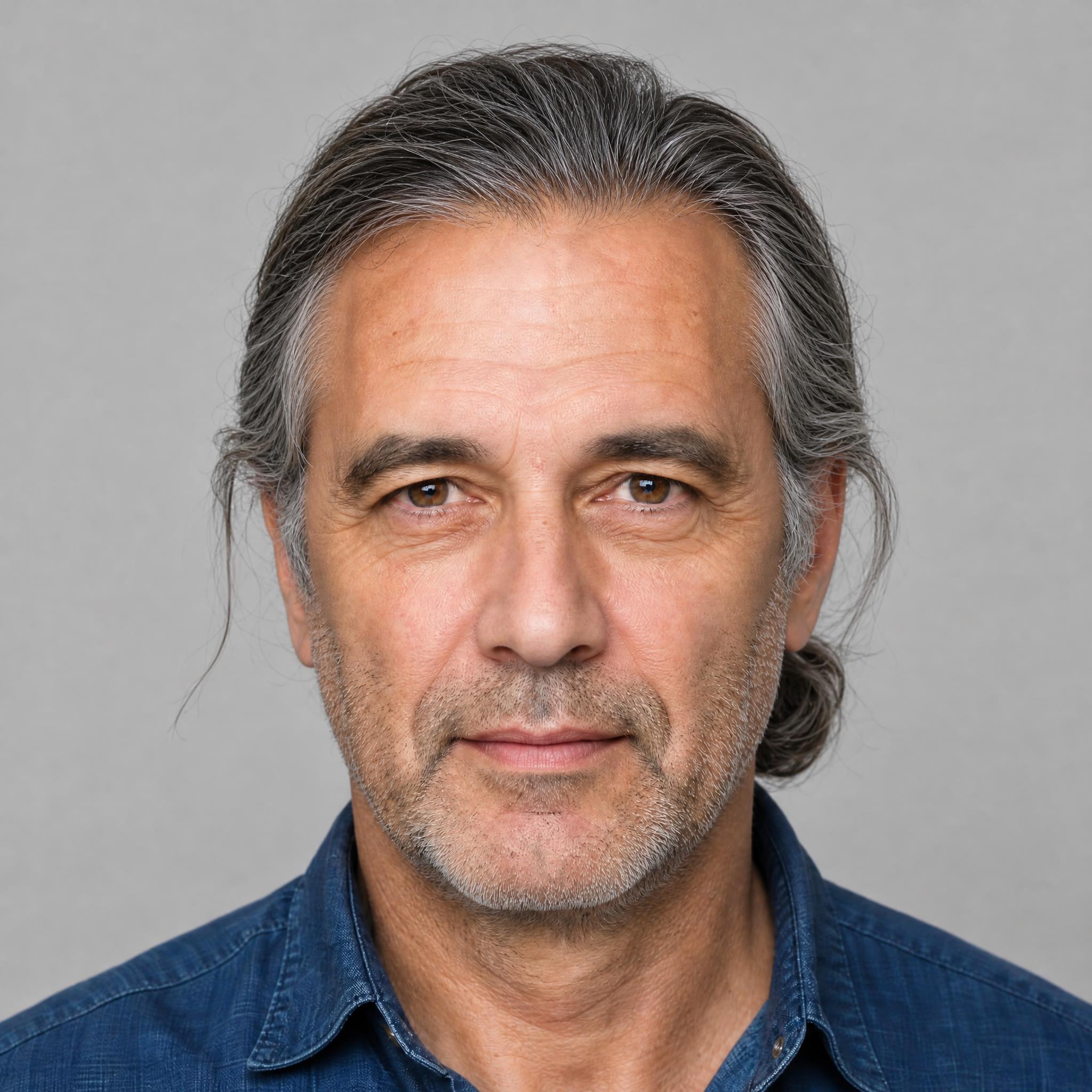 AI try-on of long hair gathered into a low man bun on a man in his mid-fifties