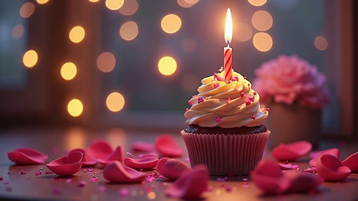 Cupcake mit einer Kerze und Rosenblättern