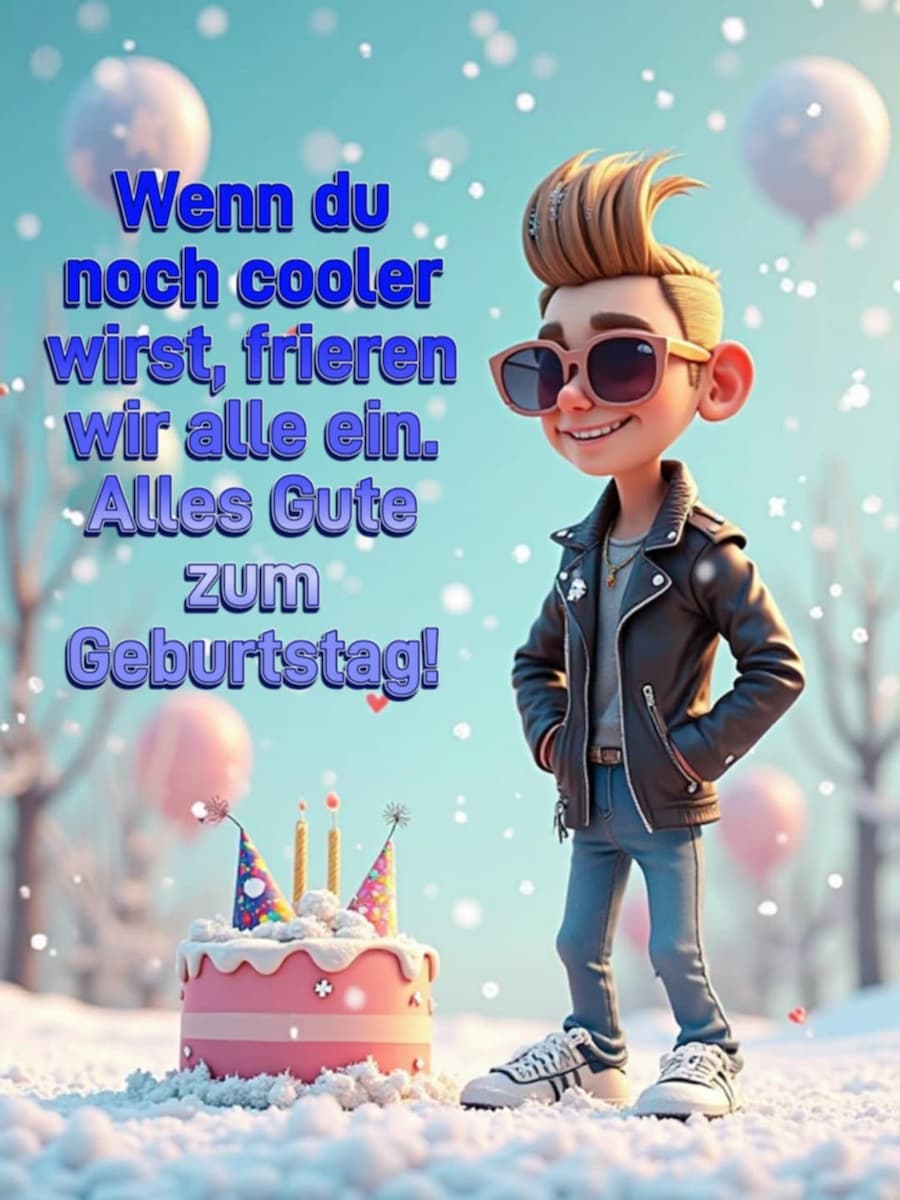 Geburtstags-Bild mit Gruß: 'Wenn du noch cooler wirst, frieren wir alle ein. Alles Gute zum Geburtstag!'