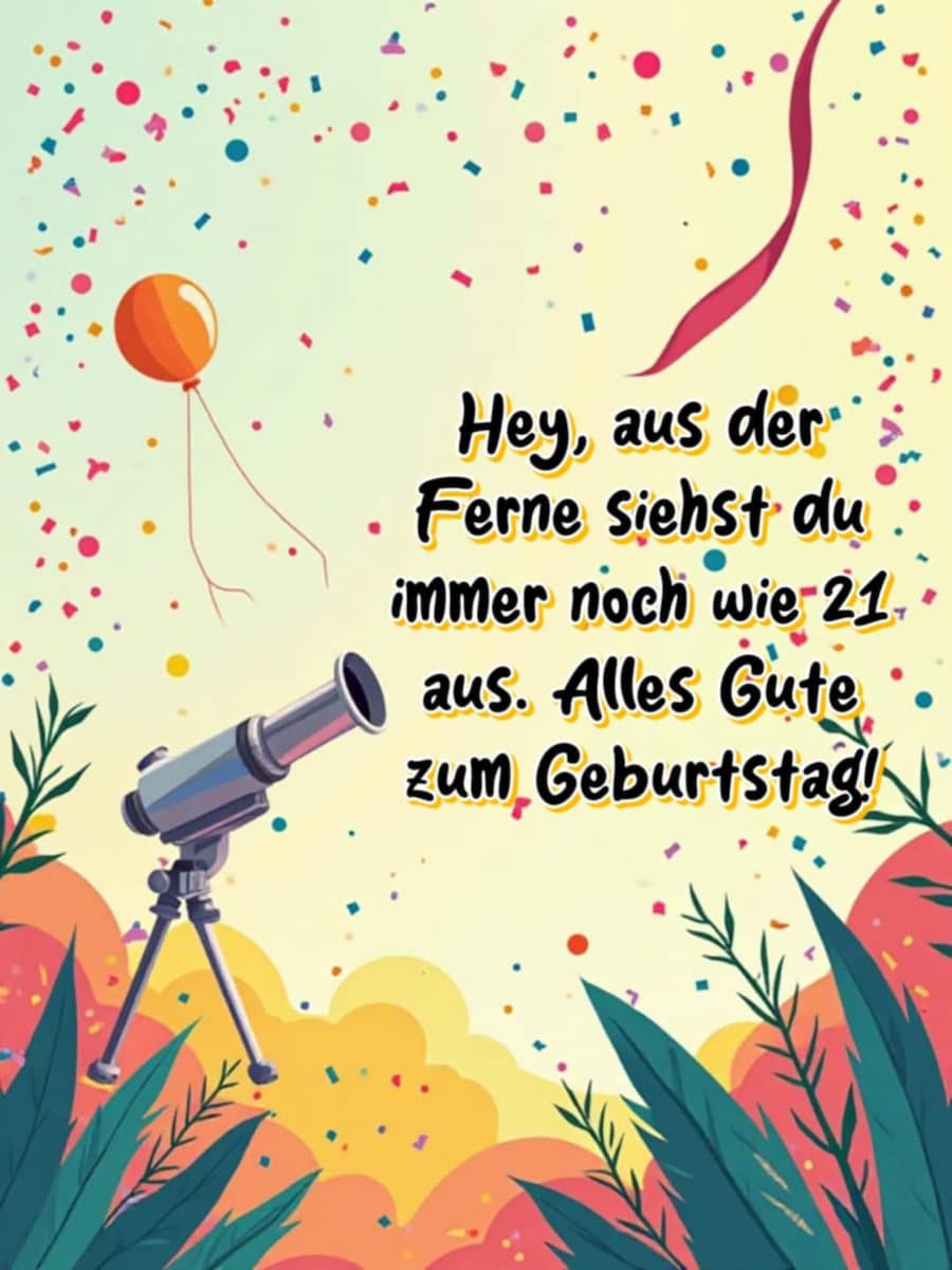 Geburtstags-Bild mit Gruß: 'Hey, aus der Ferne siehst du immer noch wie 21 aus. Alles Gute zum Geburtstag!'