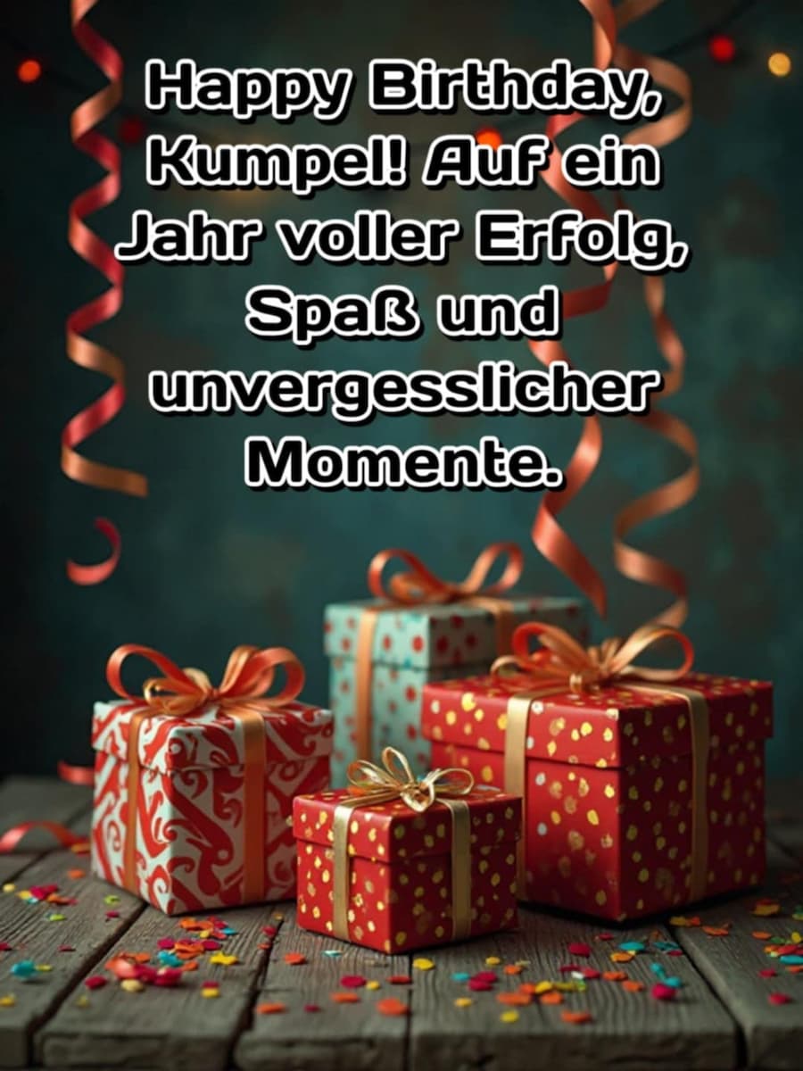 Geburtstags-Bild mit Gruß: 'Happy Birthday, Kumpel! Auf ein Jahr voller Erfolg, Spaß und unvergesslicher Momente.'
