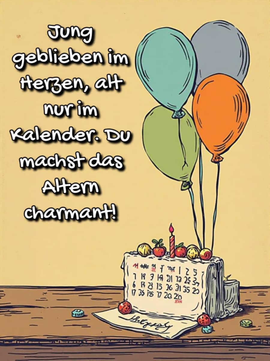 Geburtstags-Bild mit Gruß: 'Jung geblieben im Herzen, alt nur im Kalender. Du machst das Altern charmant!'
