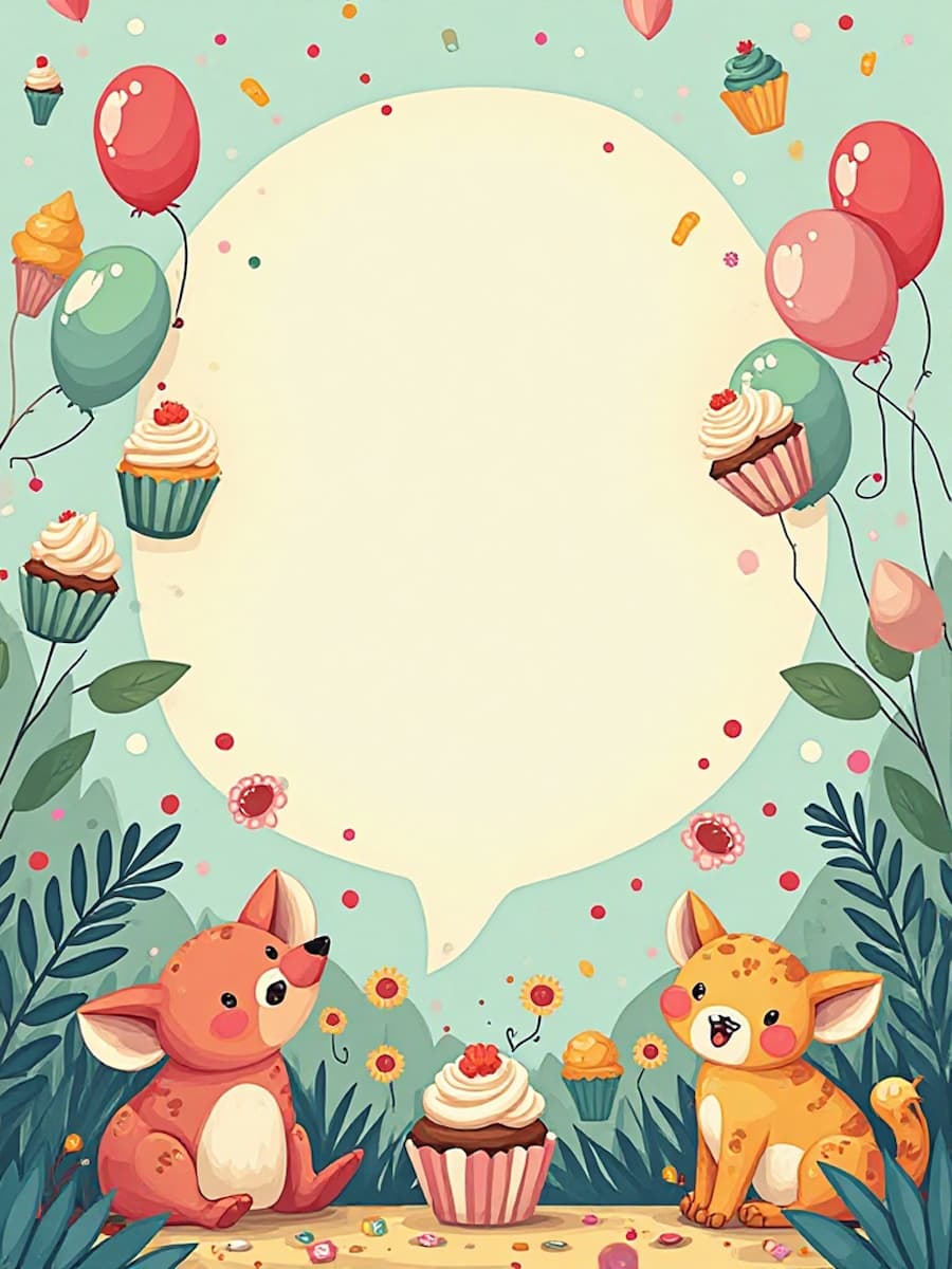Eine lustige Szene mit Tieren im Cartoon-Stil, Luftballons, Cupcakes und Konfetti