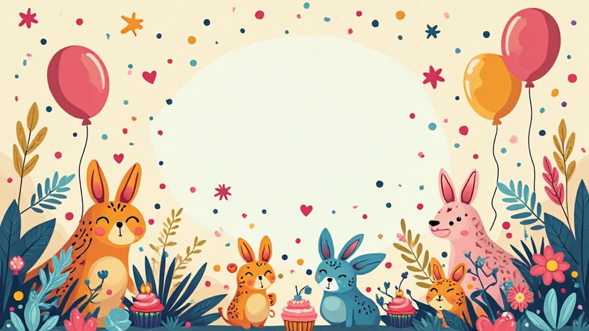 Eine lustige Szene mit Tieren im Cartoon-Stil, Luftballons, Cupcakes und Konfetti