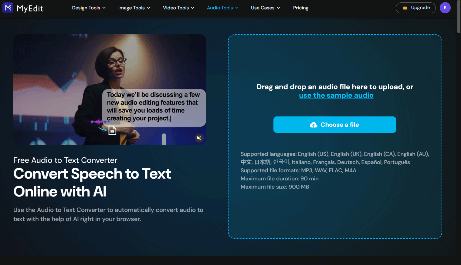 Use MyEdit Speech to Text Tool for AI Note-taking