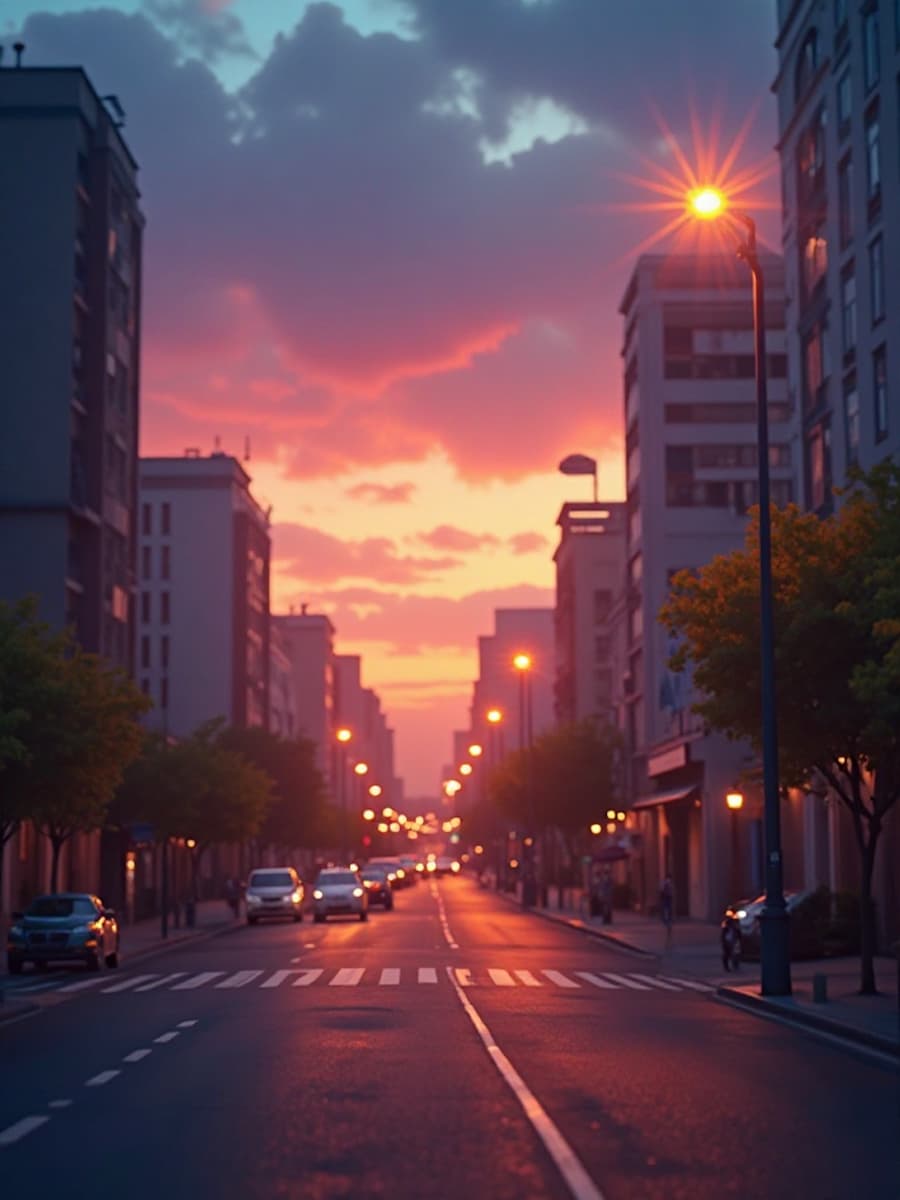 Eine friedliche abendliche Stadtlandschaft mit leuchtenden Straßenlaternen und Gebäuden im Hintergrund