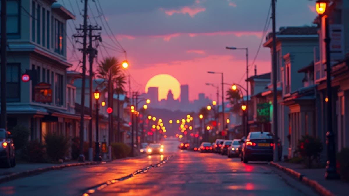 Eine friedliche abendliche Stadtlandschaft mit leuchtenden Straßenlaternen und Gebäuden im Hintergrund