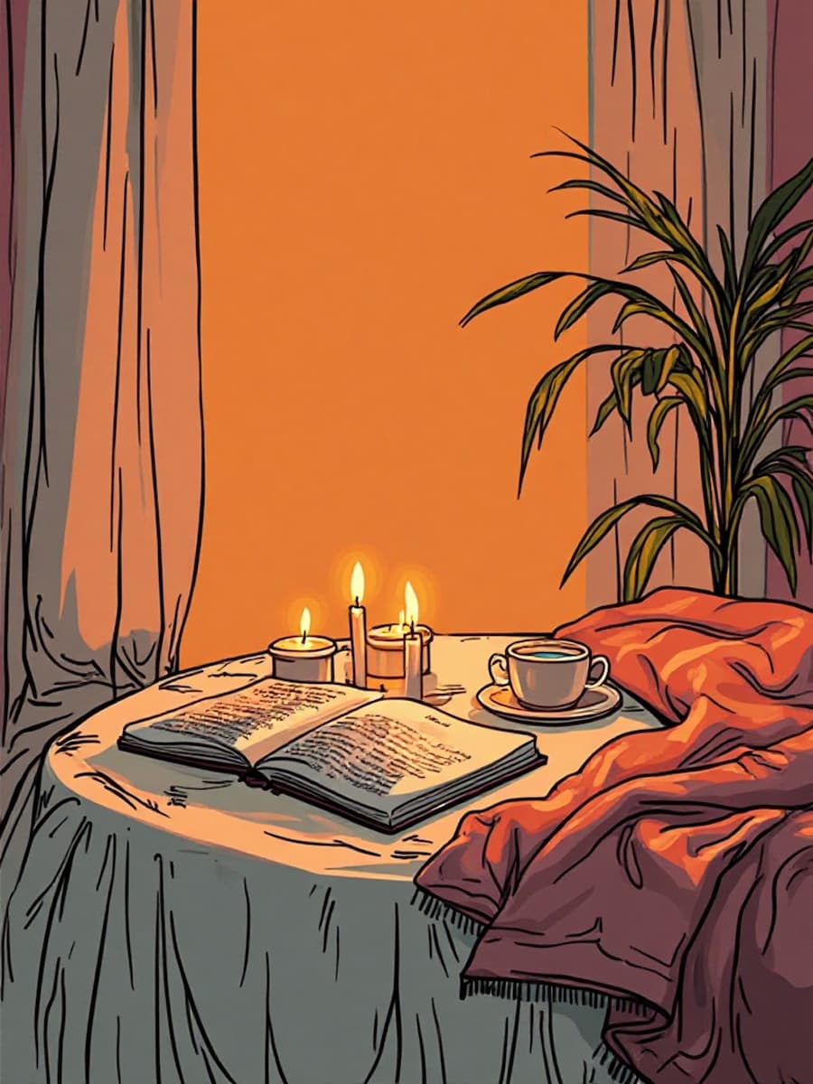 Ein sanft gedeckter Tisch mit leuchtenden Kerzen, einem Buch und einer Decke