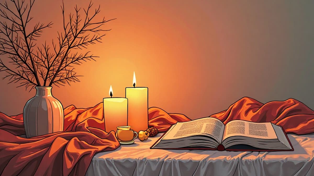 Ein sanft gedeckter Tisch mit leuchtenden Kerzen, einem Buch und einer Decke