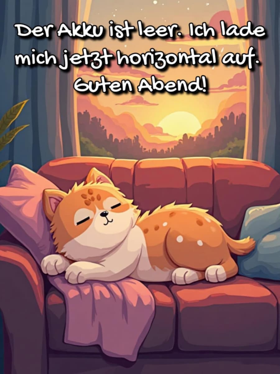 Guten Abend Bild mit Gruß: 'Der Akku ist leer. Ich lade mich jetzt horizontal auf. Guten Abend!'