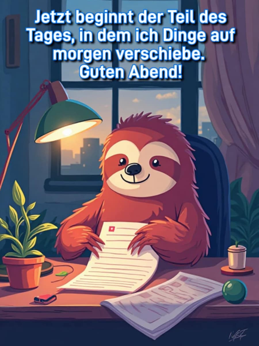 Guten Abend Bild mit Gruß: 'Jetzt beginnt der Teil des Tages, in dem ich Dinge auf morgen verschiebe. Guten Abend!'
